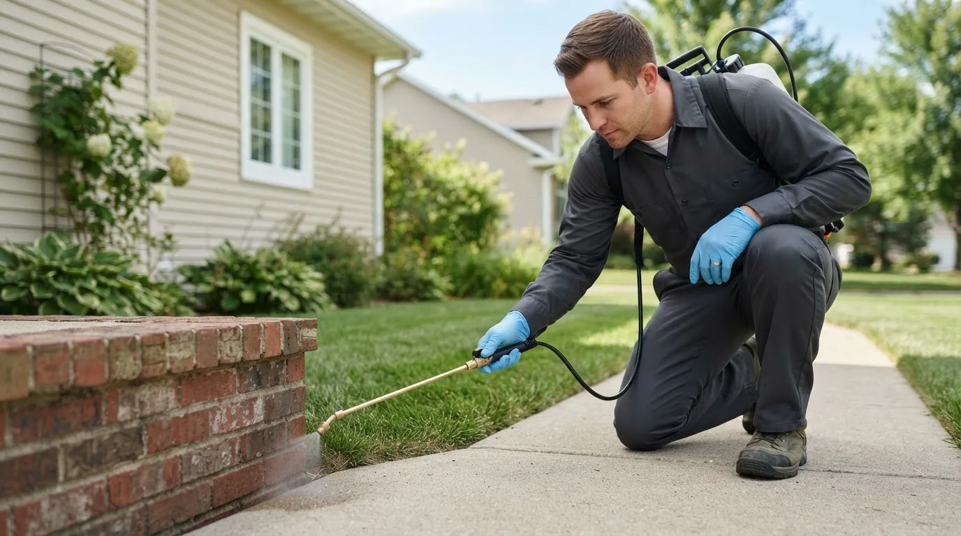Pest control technician treating a home near Chase City, VA