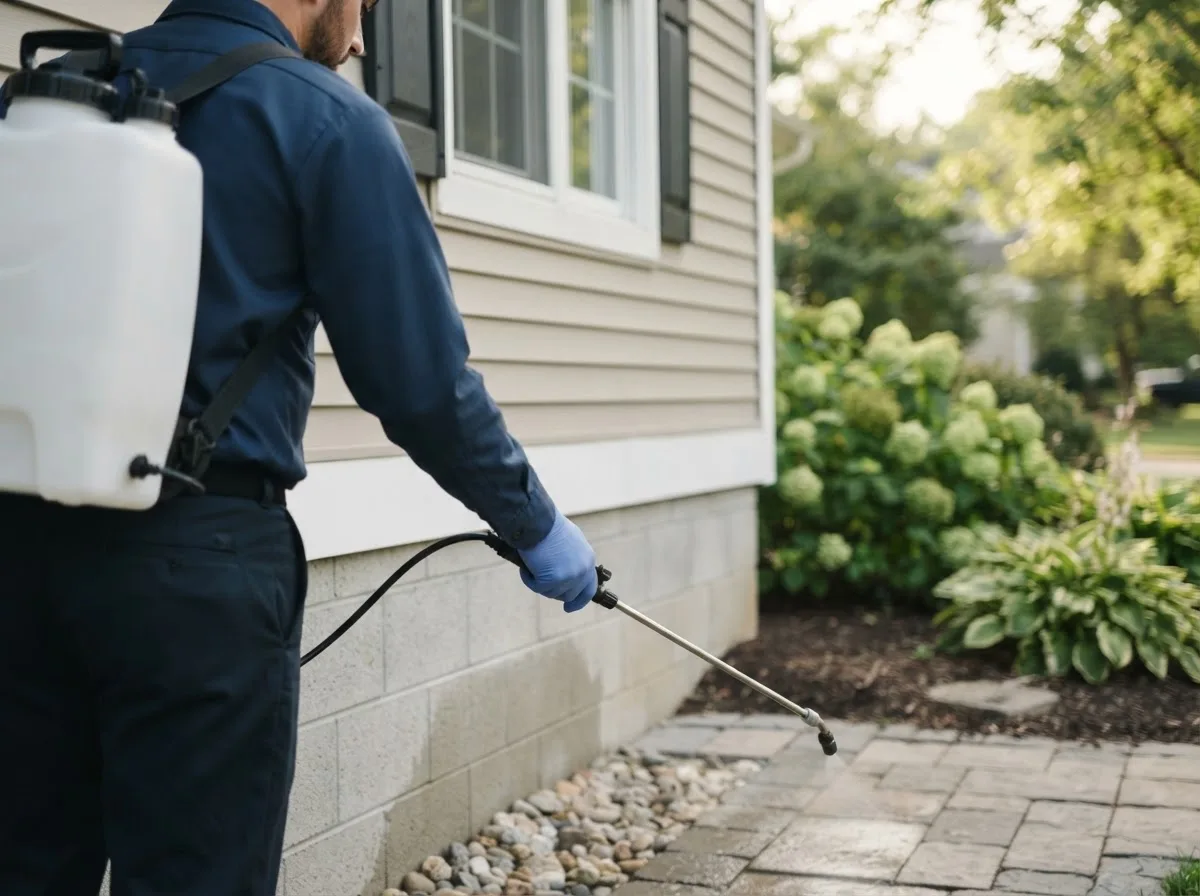 Pest control technician inspecting a home in Chase City, VA